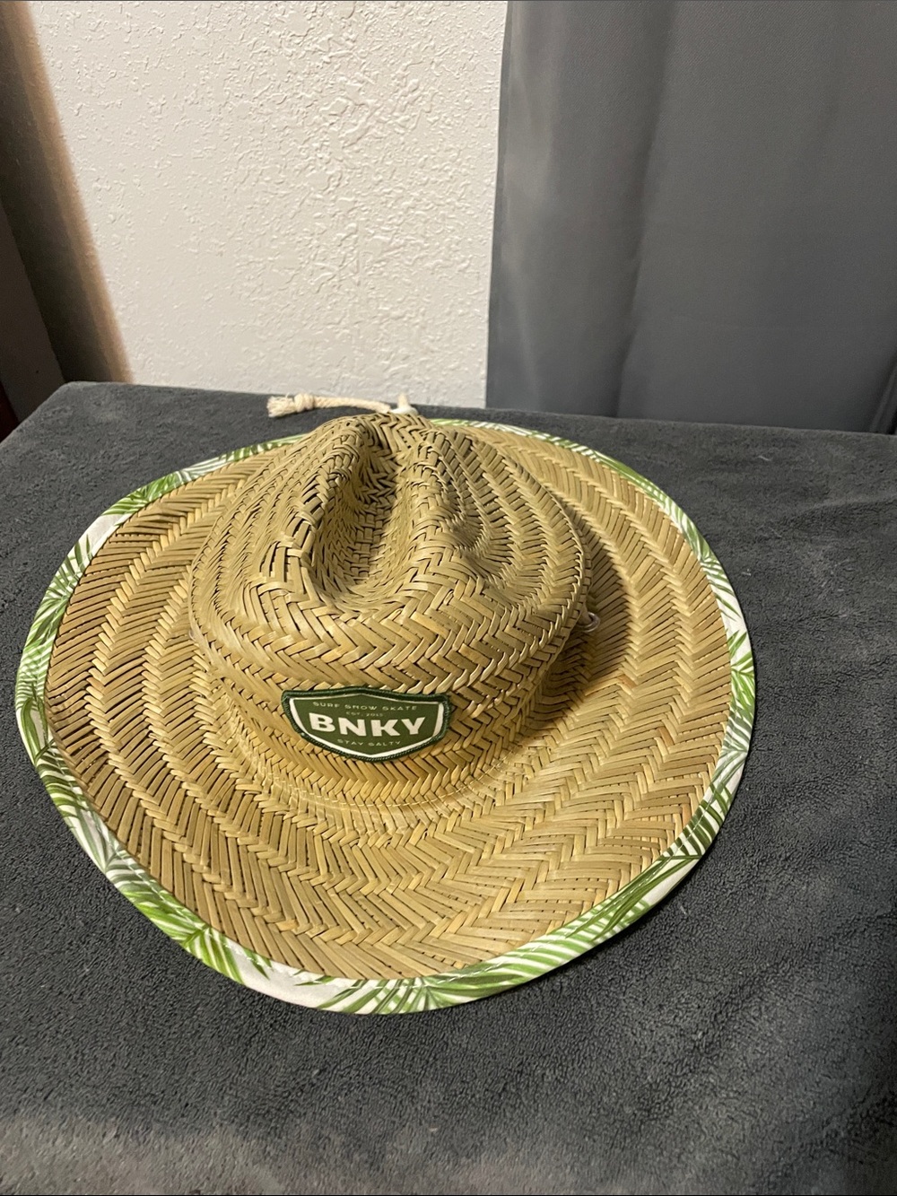 BNKV Natural Straw Kids Sun Hat with Green Leaf Trim